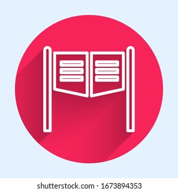 White line Old western swinging saloon door icon isolated with long shadow. Red circle button. Vector Illustration