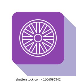 White line Old wooden wheel icon isolated on white background. Purple square button. Vector Illustration