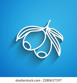 White line Olives branch icon isolated on blue background. Long shadow. Vector