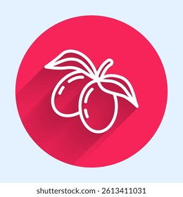 White line Olives branch icon isolated with long shadow. Red circle button. Vector