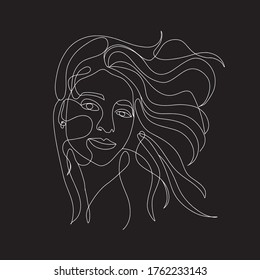 White line on black background. Continuous one line, drawing of face and hairstyle, fashion concept, woman beauty minimalist, vector stock illustration for t-shirt, slogan design print graphics style