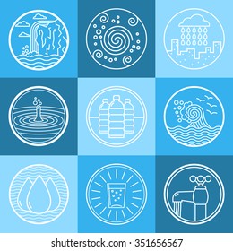 White line on blue background water emblem set isolated vector illustration 