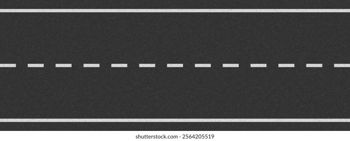 White line on tarmac road top view. Highway traffic road vector illustration. Background of asphalt surface texture. Roadway pattern. Straight urban driveway