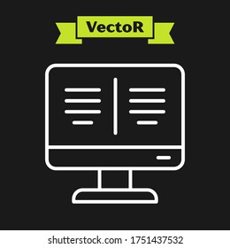 White line Online book on monitor icon isolated on black background. Internet education concept, e-learning resources.  Vector Illustration