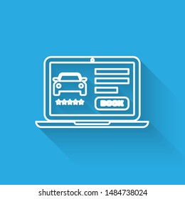 White line Online car sharing icon isolated with long shadow. Online rental car service. Online booking design concept for laptop.  Vector Illustration