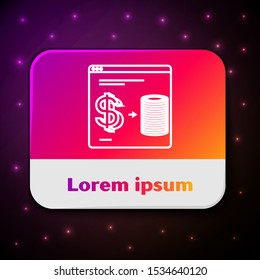 White line Online casino chips exchange on stacks of dollars icon isolated on black background. Rectangle color button. Vector Illustration