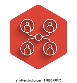 White line Online class icon isolated with long shadow. Online education concept. Red hexagon button. Vector Illustration