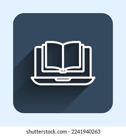 White line Online class icon isolated with long shadow background. Online education concept. Blue square button. Vector