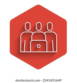 White line Online class icon isolated with long shadow. Online education concept. Red hexagon button. Vector Illustration