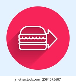 White line Online ordering and burger delivery icon isolated with long shadow. Red circle button. Vector Illustration