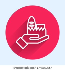 Línea blanca Icono de pedidos en línea y entrega rápida de comida aislado con una gran sombra. Botón de círculo rojo. Ilustración vectorial