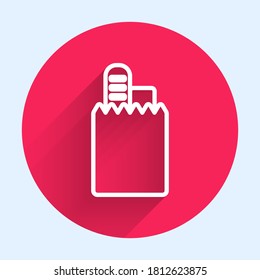 White line Online ordering and fast food delivery icon isolated with long shadow. Red circle button. Vector