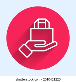 White line Online ordering and fast food delivery icon isolated with long shadow. Red circle button. Vector Illustration