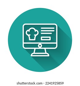 White line Online ordering and fast food delivery icon isolated with long shadow background. Green circle button. Vector