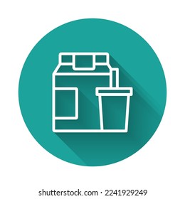 Línea blanca Icono de pedidos en línea y entrega rápida de comida aislado con fondo de sombra larga. Botón Círculo verde. Vector