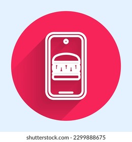 White line Online ordering and fast food delivery icon isolated with long shadow. Burger sign. Red circle button. Vector