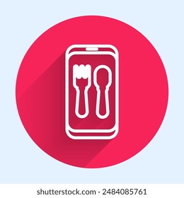 Línea blanca Pedido en línea y entrega de comida rápida icono aislado con sombra larga. Signo de hamburguesa. Botón de círculo rojo. Ilustración vectorial