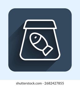 Línea blanca Pedidos en línea y entrega de comida rápida con icono de pescado aislado con fondo de sombra larga. Botón cuadrado azul. Vector