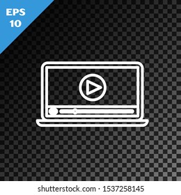 White line Online play video icon isolated on transparent dark background. Laptop and film strip with play sign.  Vector Illustration