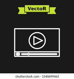 White line Online play video icon isolated on black background. Film strip with play sign.  Vector Illustration