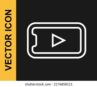 White line Online play video icon isolated on black background. Smartphone and film strip with play sign.  Vector