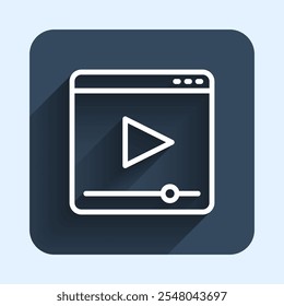 White line Online play video icon isolated with long shadow background. Film strip with play sign. Blue square button. Vector