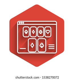 White line Online poker table game icon isolated with long shadow. Online casino. Red hexagon button. Vector Illustration