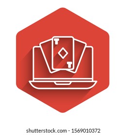 White line Online poker table game icon isolated with long shadow. Online casino. Red hexagon button. Vector Illustration