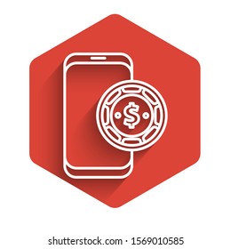 White line Online poker table game icon isolated with long shadow. Online casino. Red hexagon button. Vector Illustration
