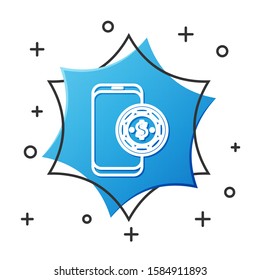 White line Online poker table game icon isolated on white background. Online casino. Blue hexagon button. Vector Illustration