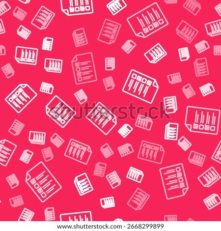 White line Online quiz, test, survey or checklist icon isolated seamless pattern on red background. Exam list. E-education concept.  Vector