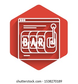 White line Online slot machine icon isolated with long shadow. Online casino. Red hexagon button. Vector Illustration