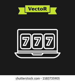 White line Online slot machine with lucky sevens jackpot icon isolated on black background. Online casino.  Vector Illustration
