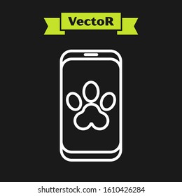 White line Online veterinary clinic symbol icon isolated on black background. Cross with dog veterinary care. Pet First Aid sign.  Vector Illustration