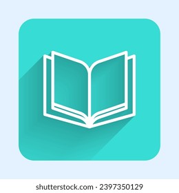 White line Open book icon isolated with long shadow. Green square button. Vector