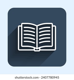 White line Open book icon isolated with long shadow background. Blue square button. Vector
