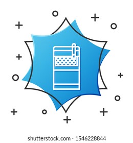White line Open cigarettes pack box icon isolated on white background. Cigarettes pack. Blue hexagon button. Vector Illustration