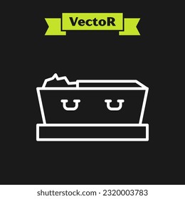 White line Open coffin with dead deceased body icon isolated on black background. Funeral after death. Corpse in an open hearse for burial.  Vector