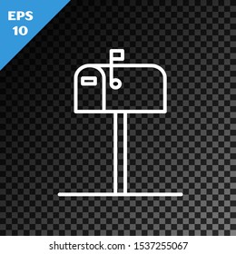White line Open mail box icon isolated on transparent dark background. Mailbox icon. Mail postbox on pole with flag.  Vector Illustration