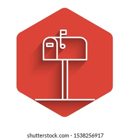 White line Open mail box icon isolated with long shadow. Mailbox icon. Mail postbox on pole with flag. Red hexagon button. Vector Illustration