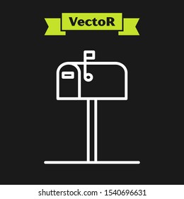 White line Open mail box icon isolated on black background. Mailbox icon. Mail postbox on pole with flag.  Vector Illustration