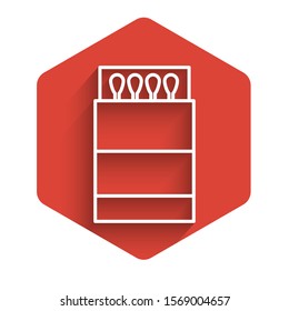 White line Open matchbox and matches icon isolated with long shadow. Red hexagon button. Vector Illustration
