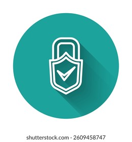 White line Open padlock and check mark icon isolated with long shadow. Cyber security concept. Digital data protection. Safety safety. Green circle button. Vector