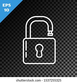 White line Open padlock icon isolated on transparent dark background. Opened lock sign. Cyber security concept. Digital data protection. Safety safety.  Vector Illustration