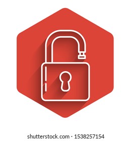 White line Open padlock icon isolated with long shadow. Opened lock sign. Cyber security concept. Digital data protection. Safety safety. Red hexagon button. Vector Illustration