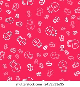 White line Open padlock icon isolated seamless pattern on red background. Opened lock sign. Cyber security concept. Digital data protection.  Vector