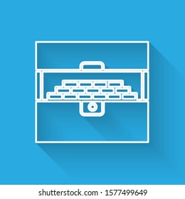 White line Opened antique treasure chest icon isolated with long shadow. Vintage wooden chest with golden coin.  Vector Illustration