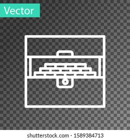 White line Opened antique treasure chest icon isolated on transparent background. Vintage wooden chest with golden coin.  Vector Illustration