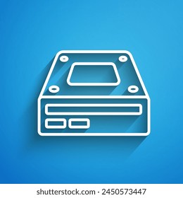 White line Optical disc drive icon isolated on blue background. CD DVD laptop tray drive for read and write data disc. Long shadow. Vector