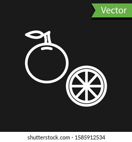 White line Orange fruit icon isolated on black background.  Vector Illustration